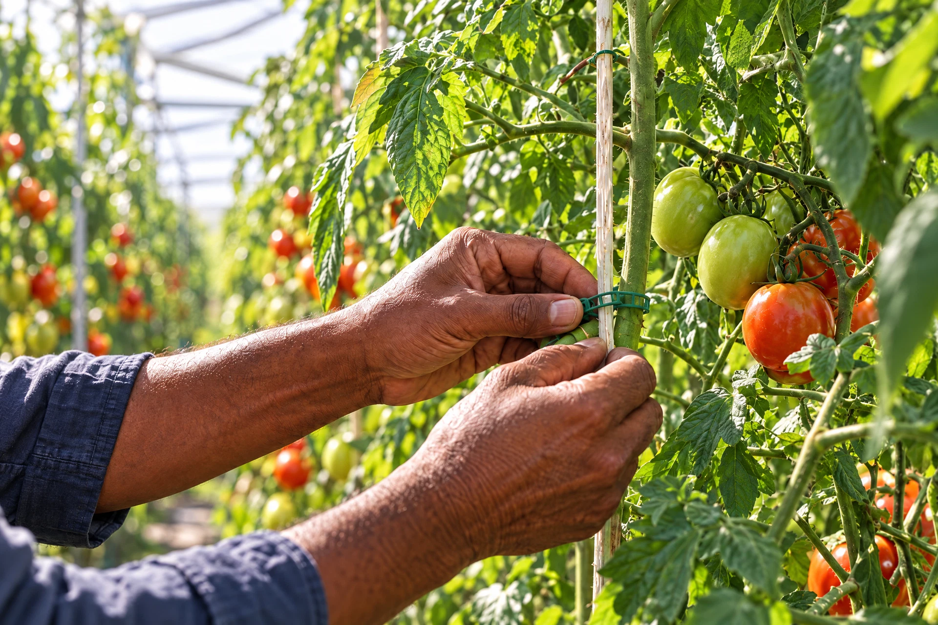 Illustration d’un geste de palissage sur un plant de tomates